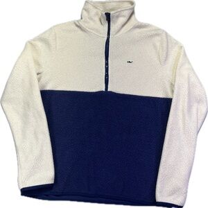 Vineyard Vines Women’s Two Tone Fleece Cream Blue 1/4 Zip Pullover Sweatshirt- M